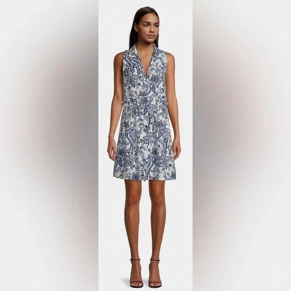 NWT Eliza J Notch Lapel Paisley Floral Linen Blend Dress White Blue Pockets sz.8